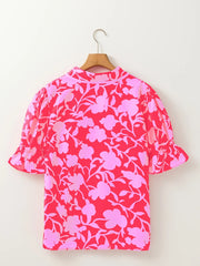 Floral Split V Neck Ruffled Short Sleeve Blouse Top