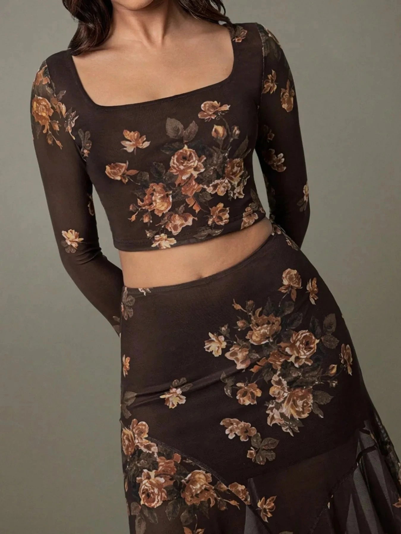 Floral Square Neck Top and Skirt Set