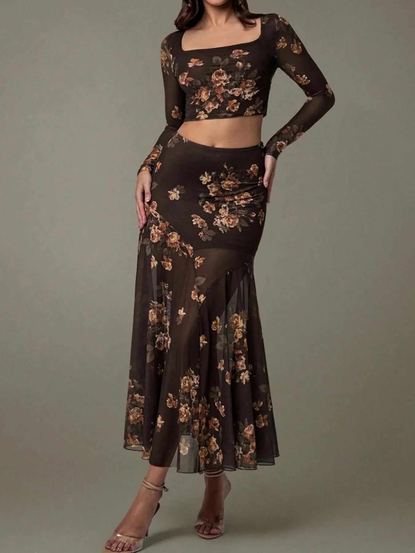 Floral Square Neck Top and Skirt Set