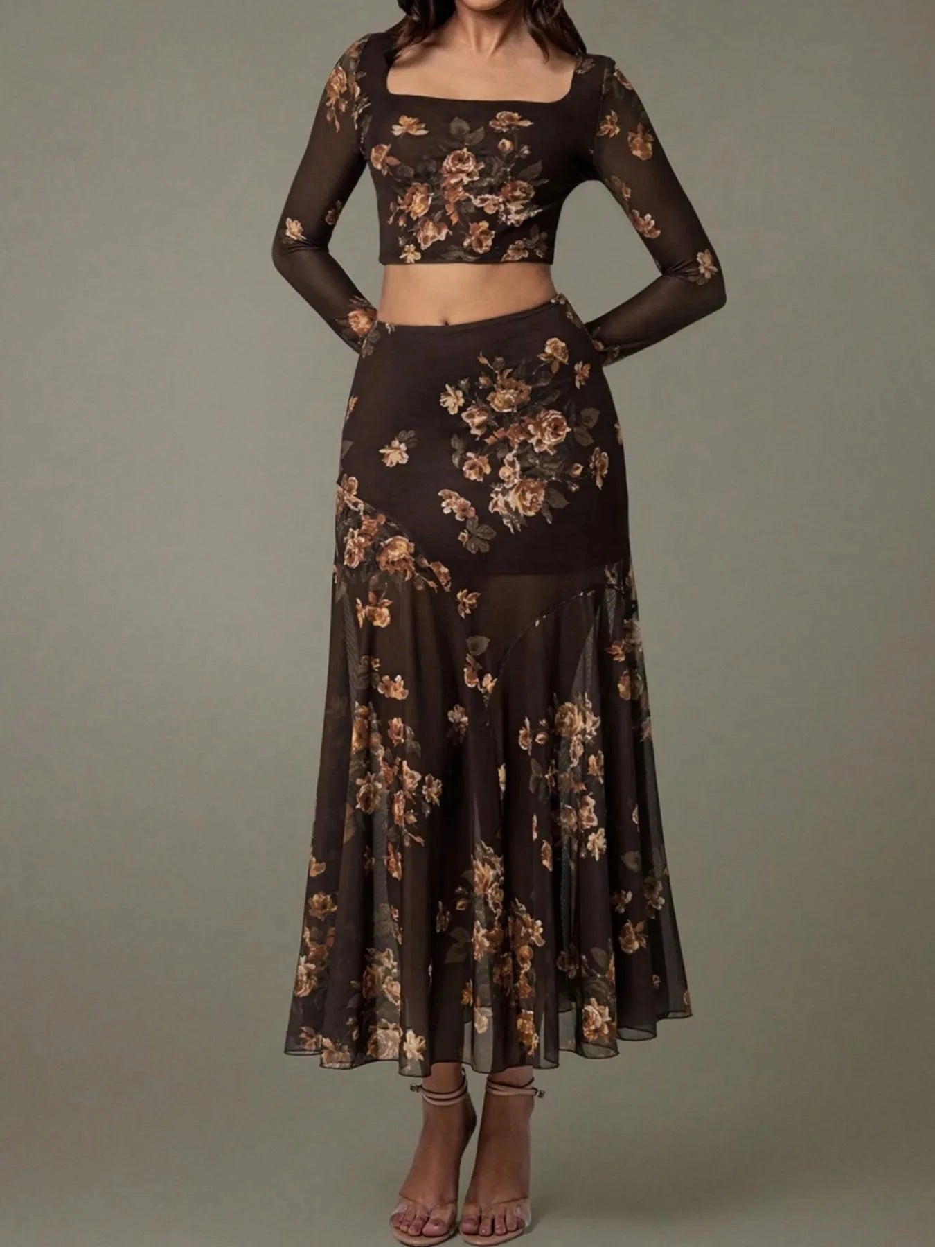 Floral Square Neck Top and Skirt Set