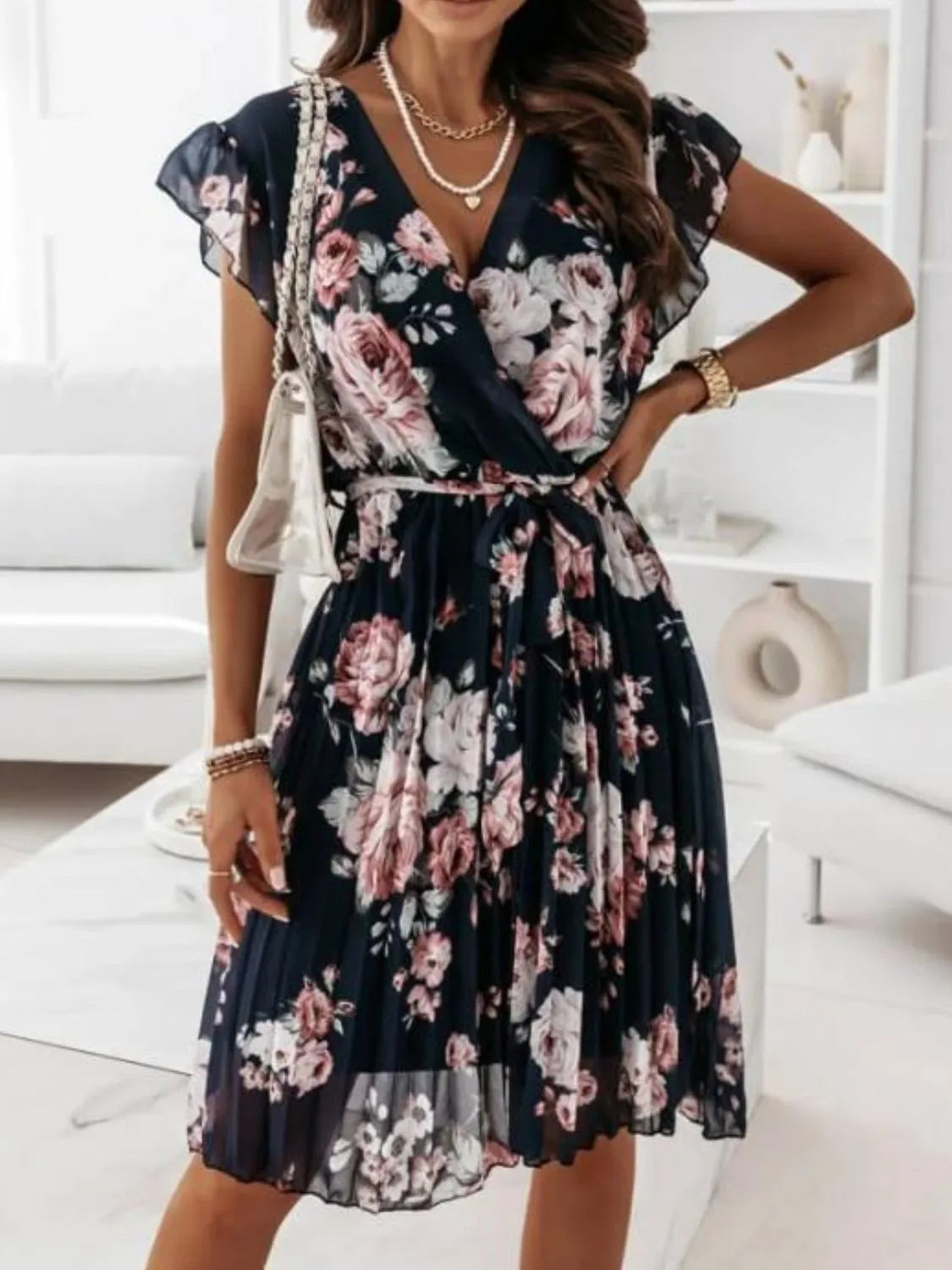 Floral Surplice Ruffled Cap Sleeve Dress Black / S