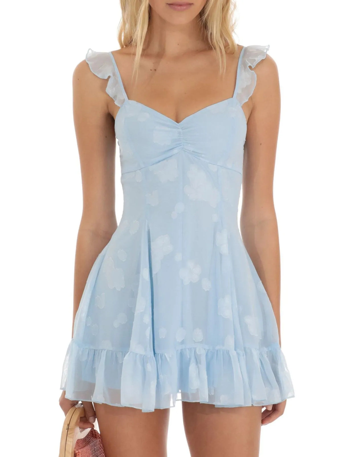 Floral Sweetheart Ruffled Cami Mini Dress Light Blue / S