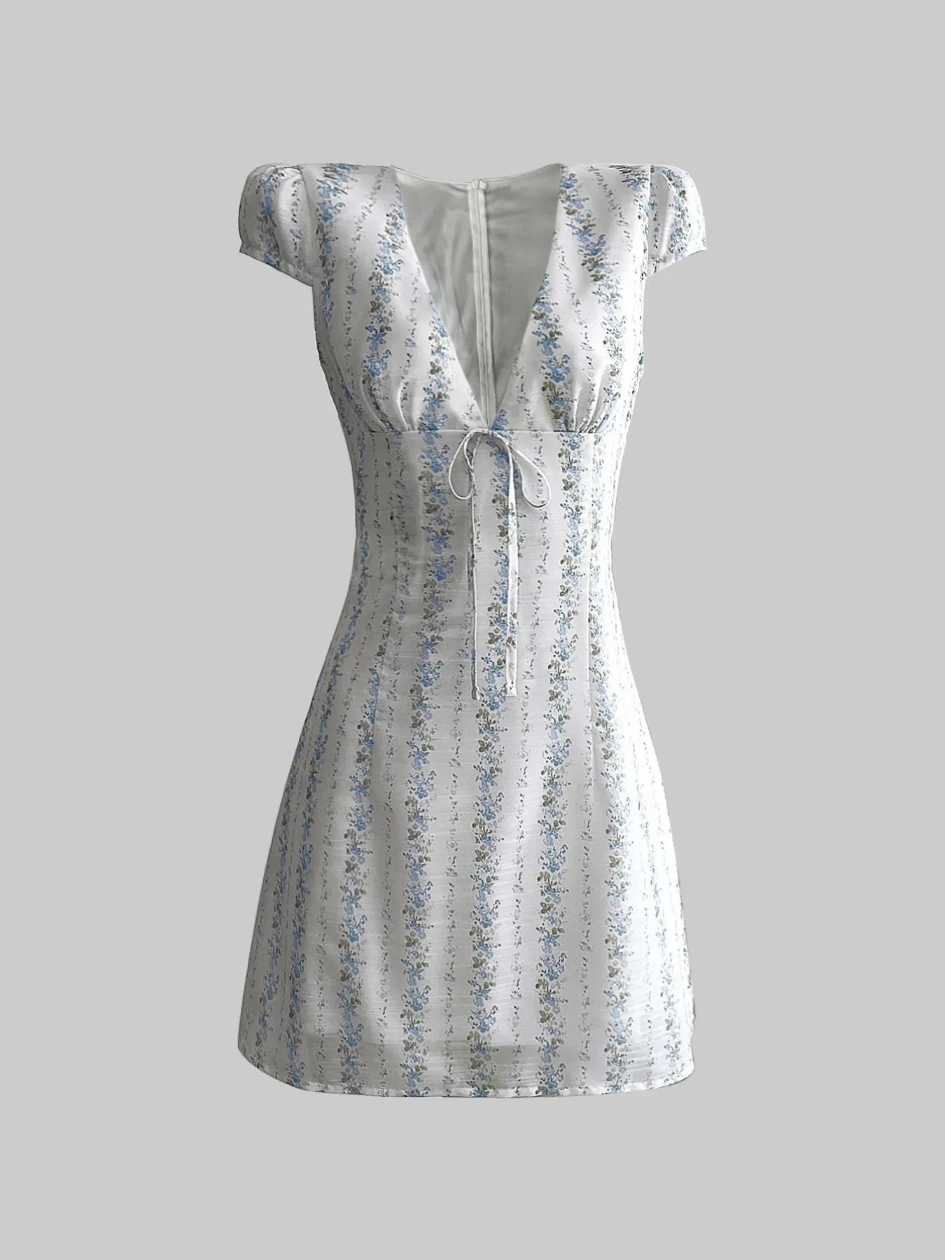 Floral Tie-Front Deep V-Neck Mini Dress Blue Flower / S