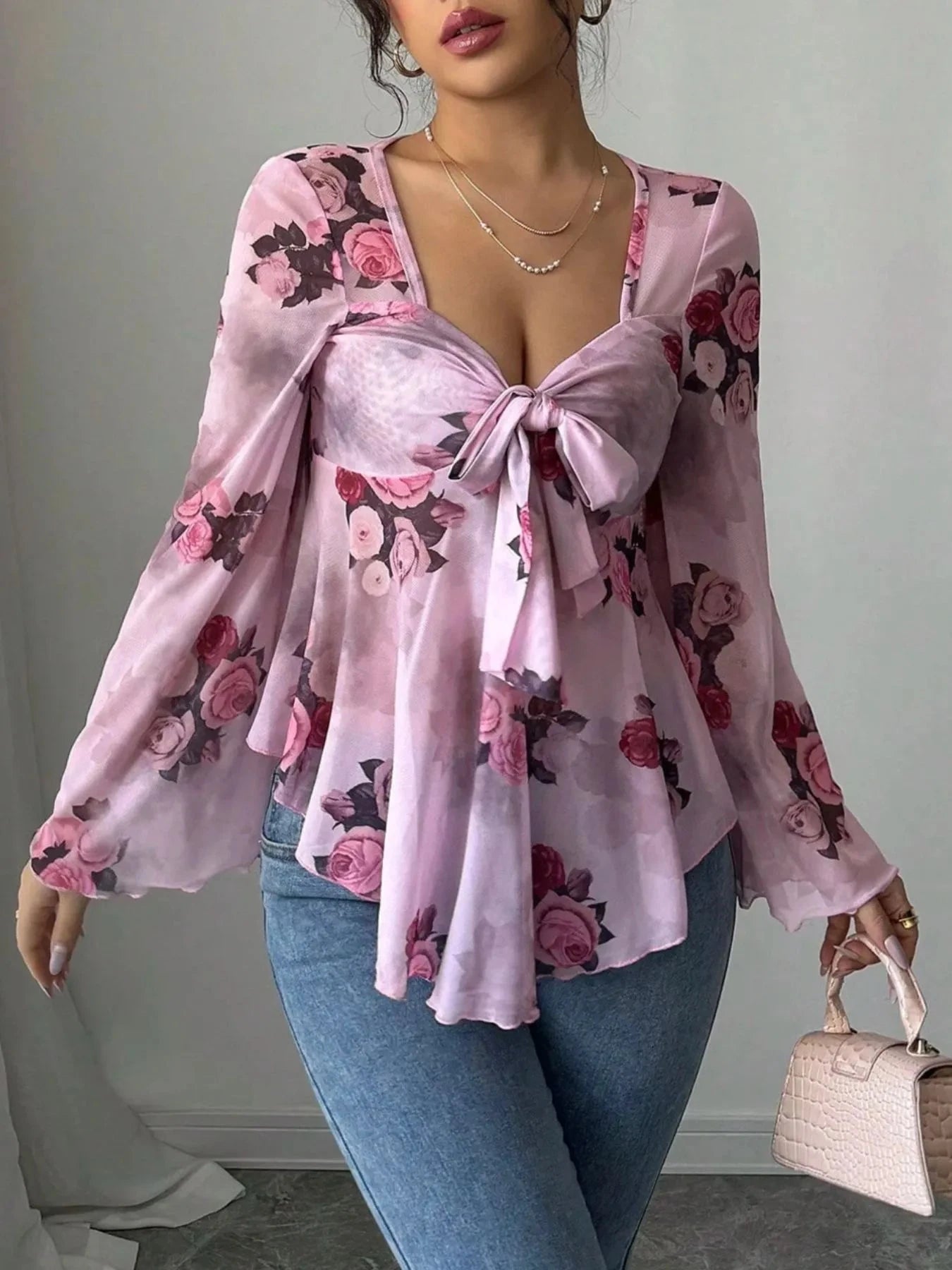 Floral Tie Front Flare Sleeve Blouse