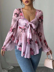 Floral Tie Front Flare Sleeve Blouse