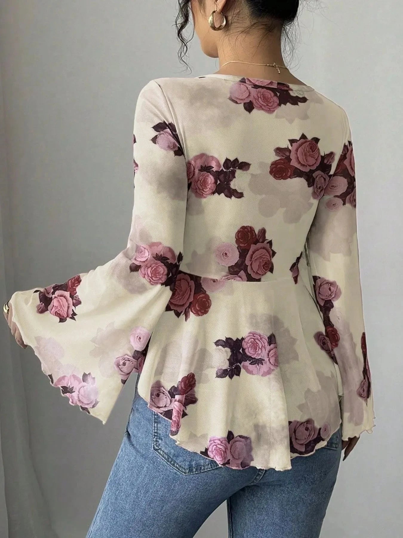 Floral Tie Front Flare Sleeve Blouse