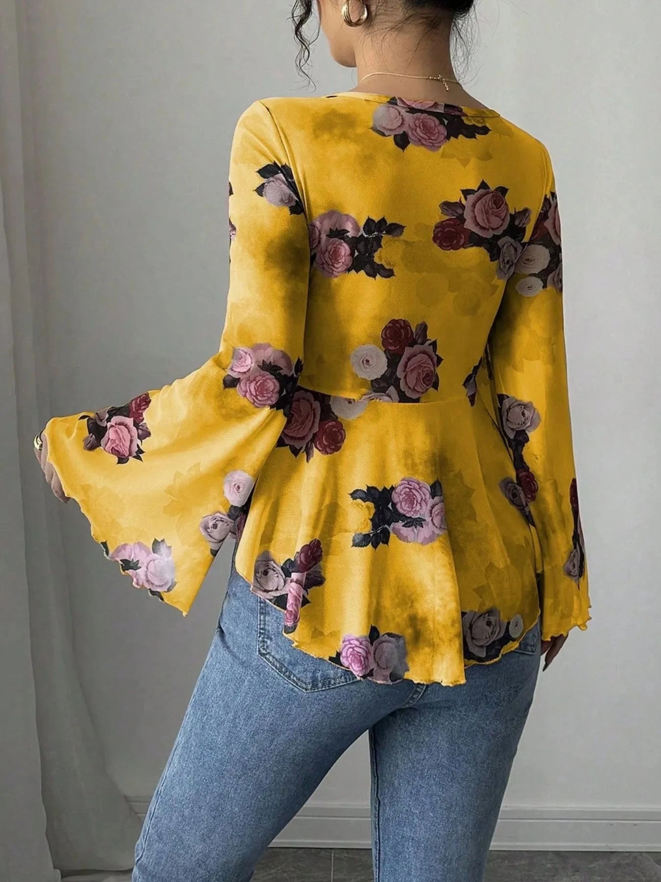 Floral Tie Front Flare Sleeve Blouse