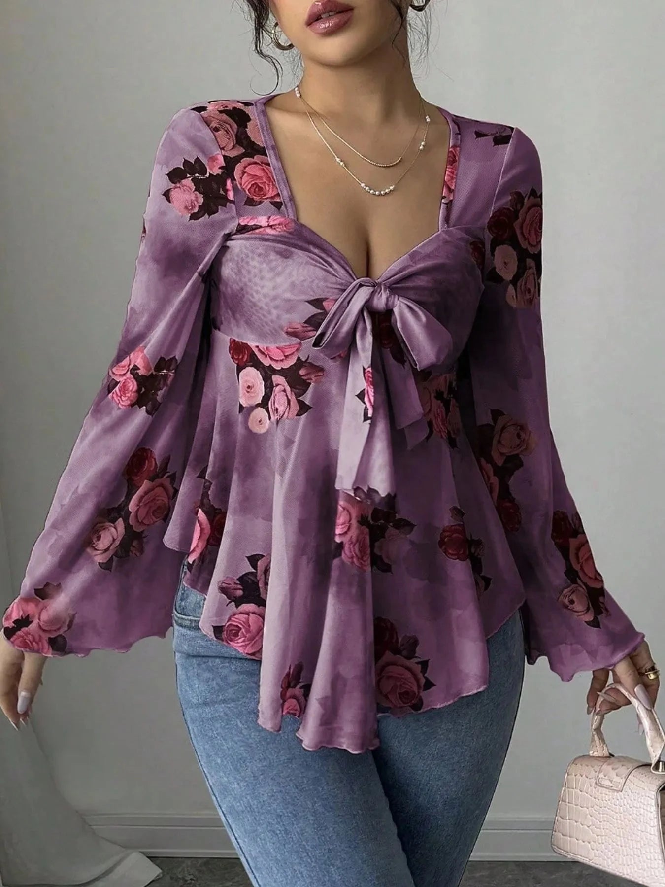 Floral Tie Front Flare Sleeve Blouse