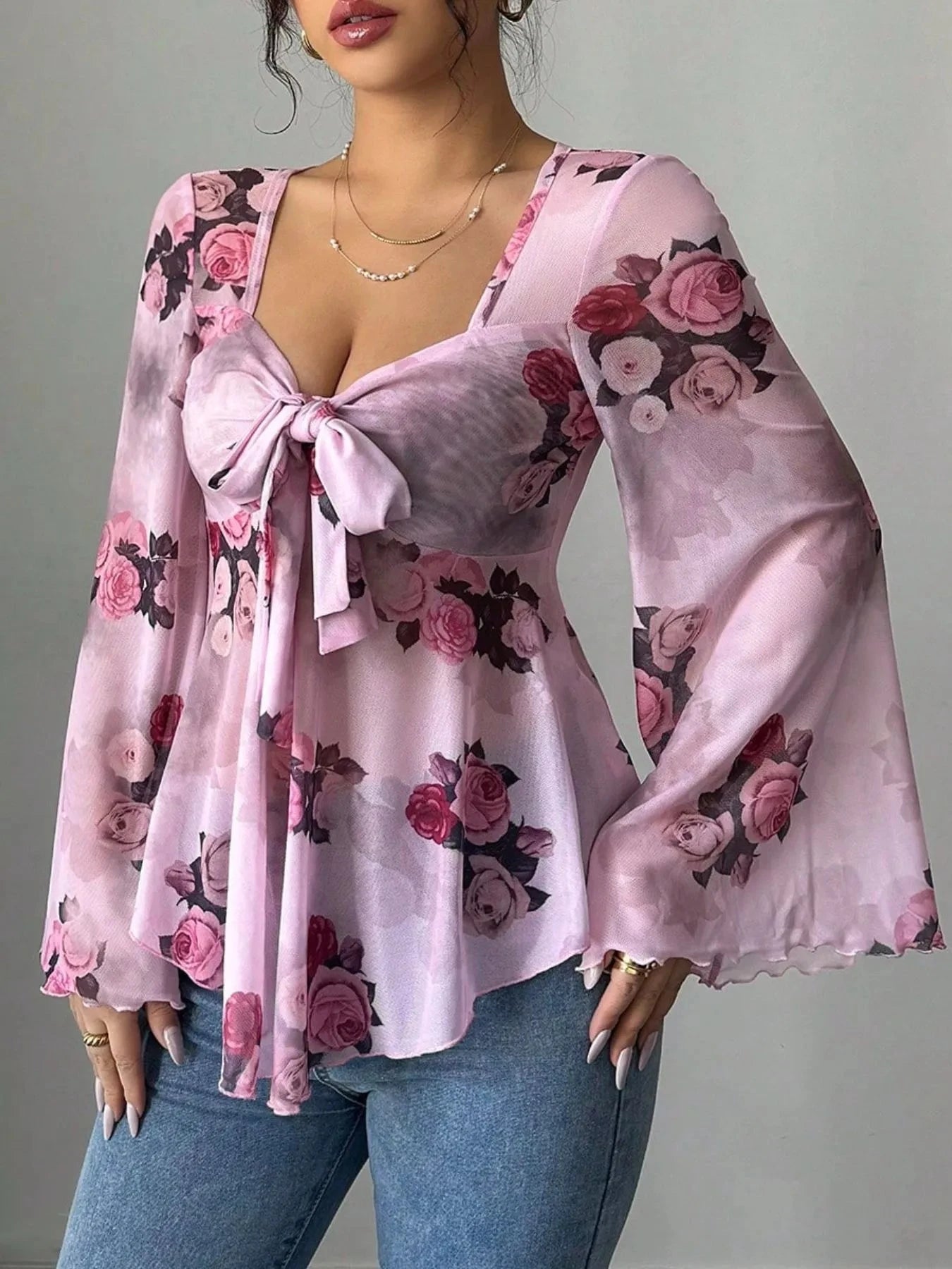 Floral Tie Front Flare Sleeve Blouse