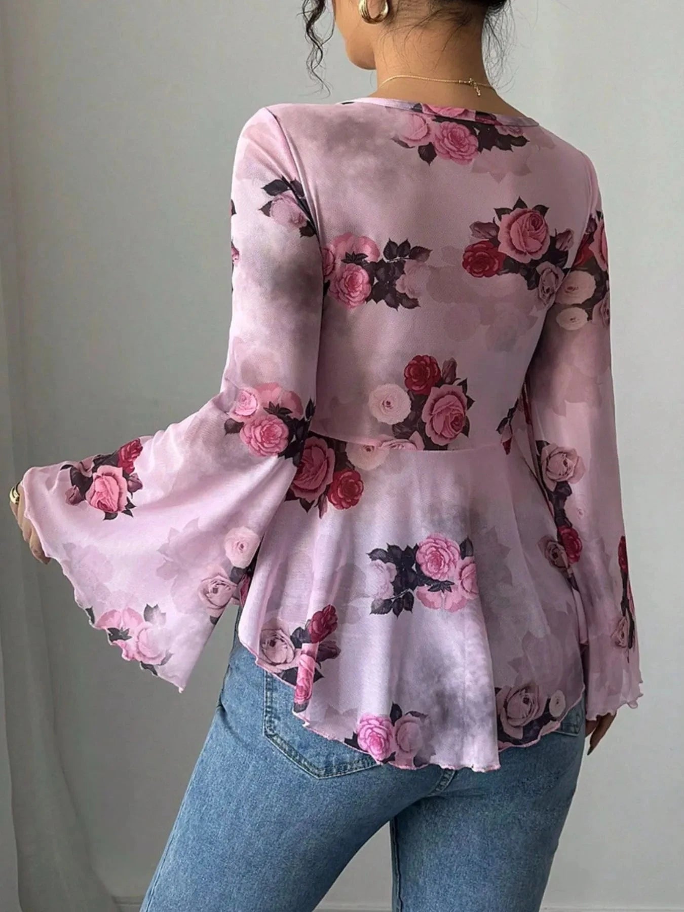 Floral Tie Front Flare Sleeve Blouse