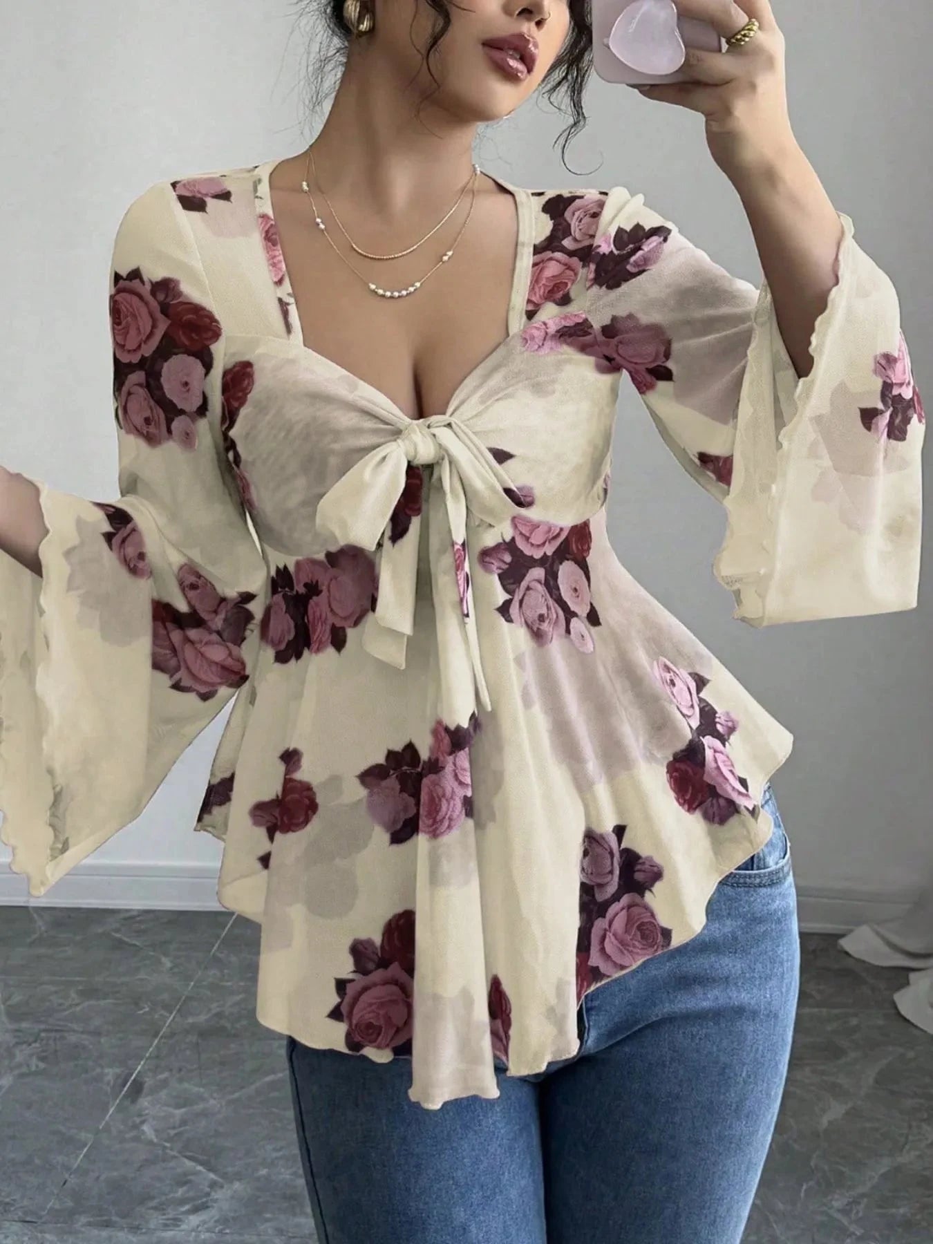 Floral Tie Front Flare Sleeve Blouse Apricot / S