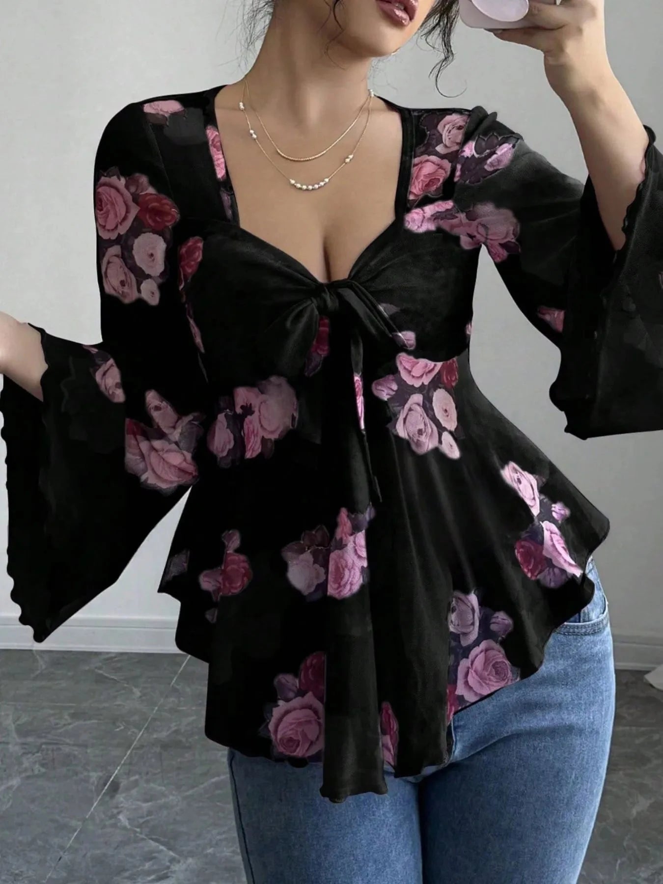 Floral Tie Front Flare Sleeve Blouse Black / S