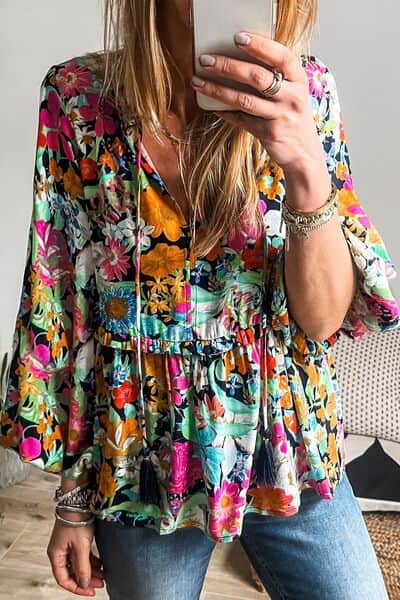 Floral Tie Neck Balloon Sleeve Blouse Floral / XL
