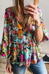Floral Tie Neck Balloon Sleeve Blouse Floral / XL