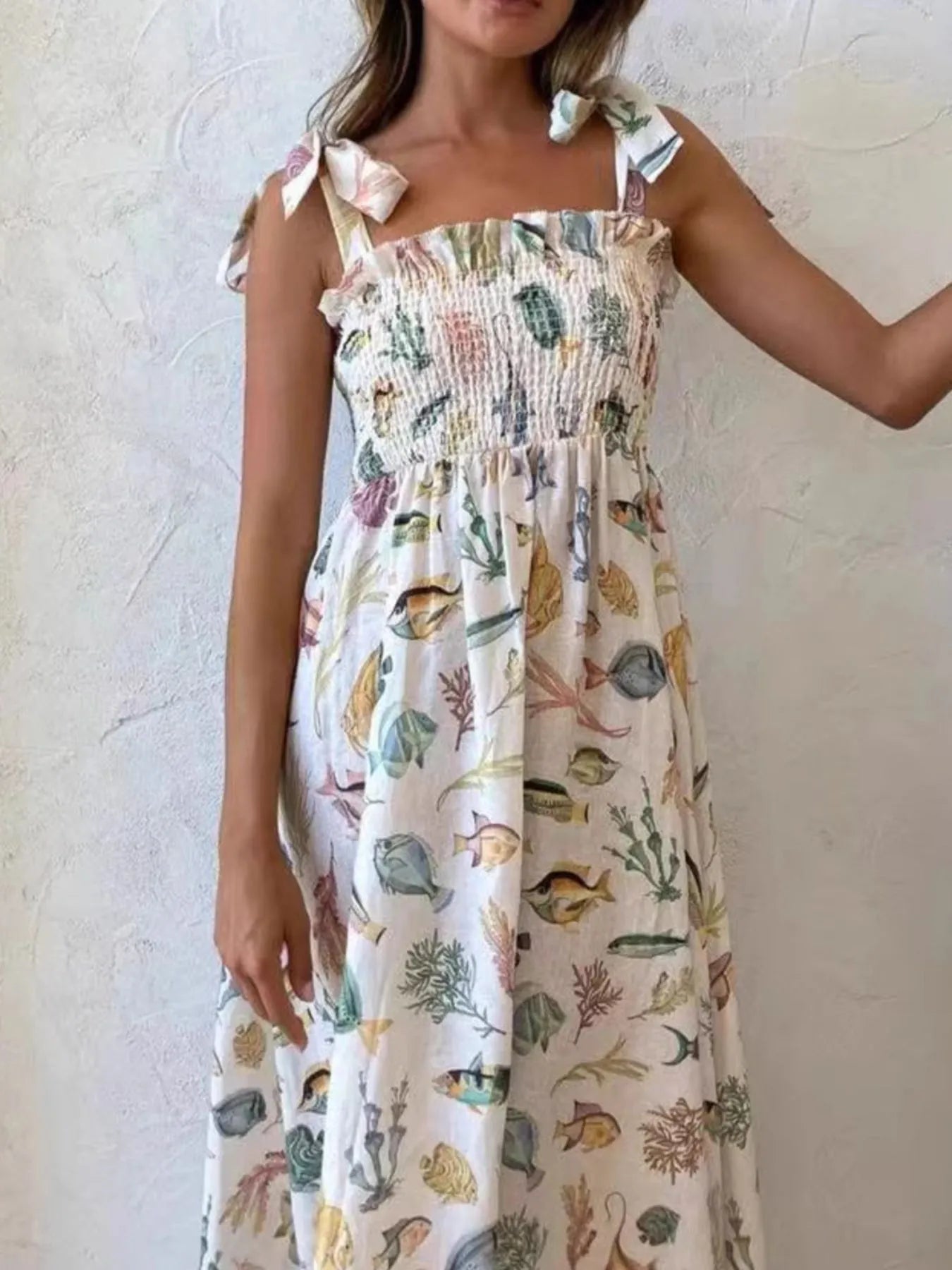 Floral Tie Shoulder Smocked Bodice Summer Dress
