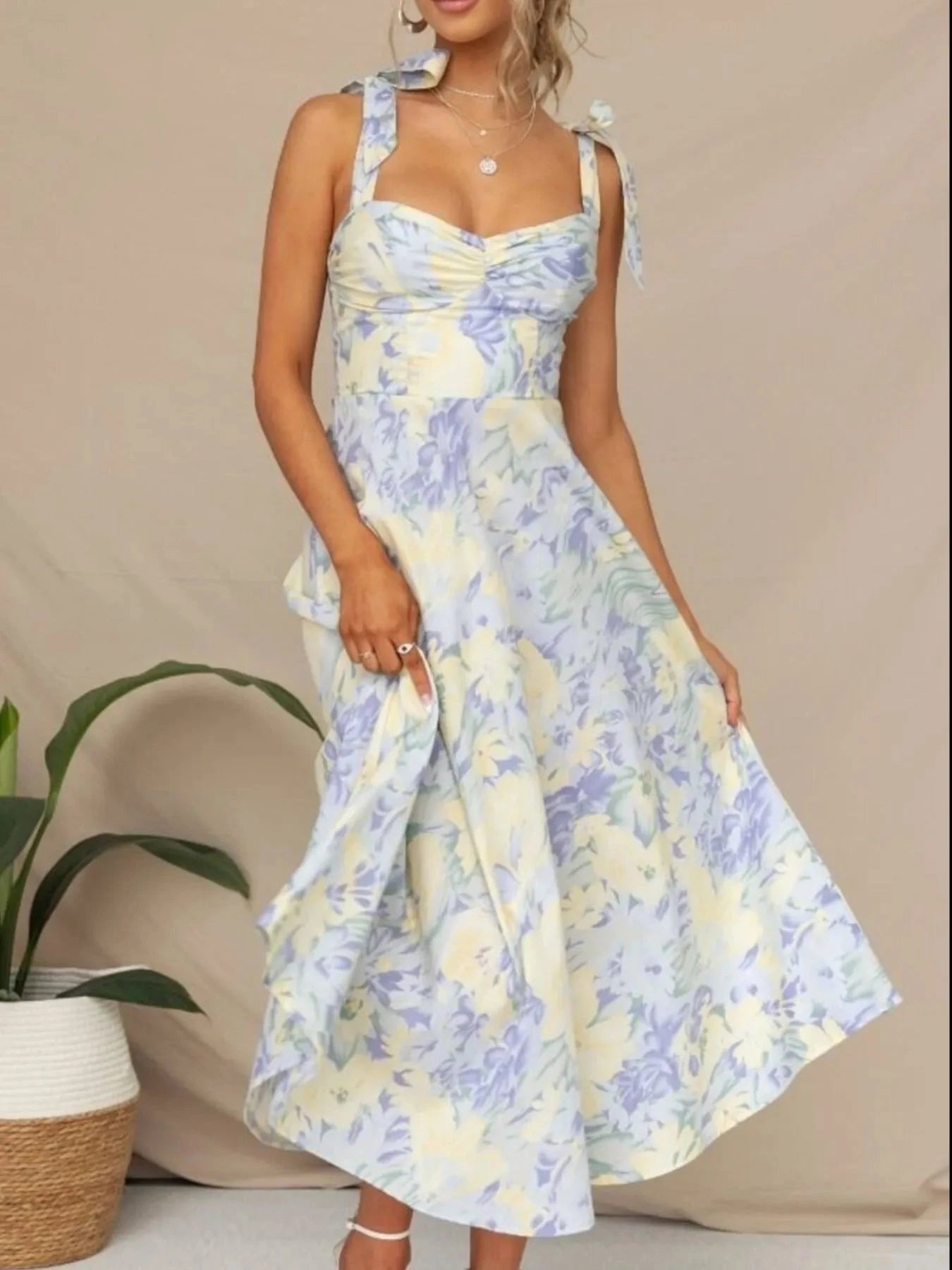 Floral Tie-Strap Sweetheart Neck Midi Dress