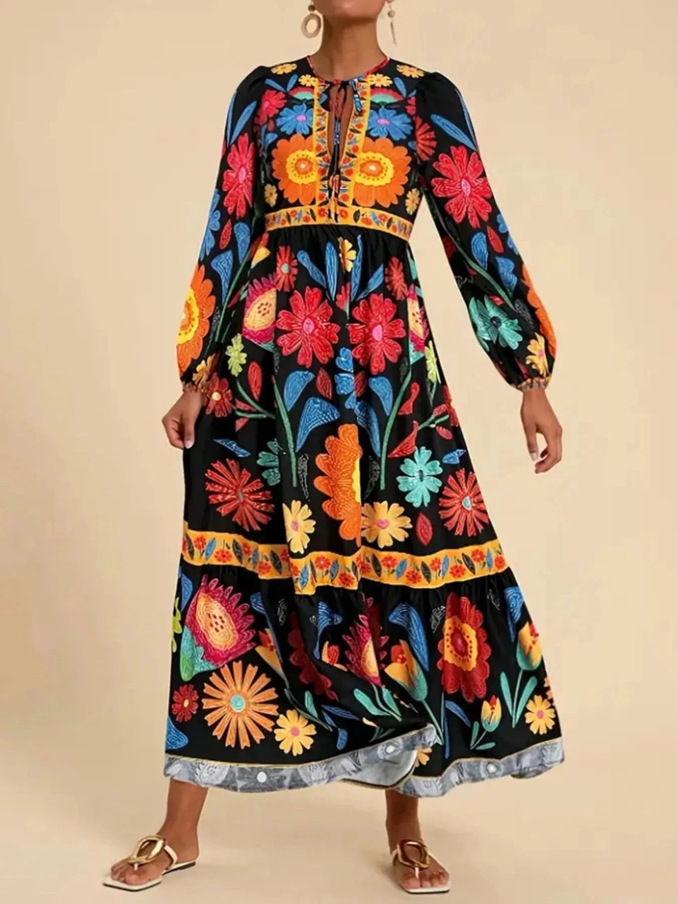 Floral Tie Waist Long Sleeve Dress