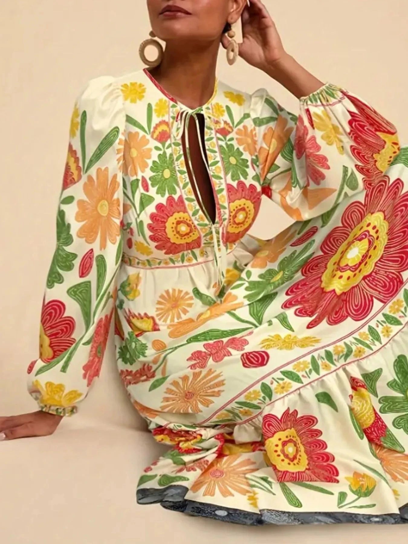 Floral Tie Waist Long Sleeve Dress