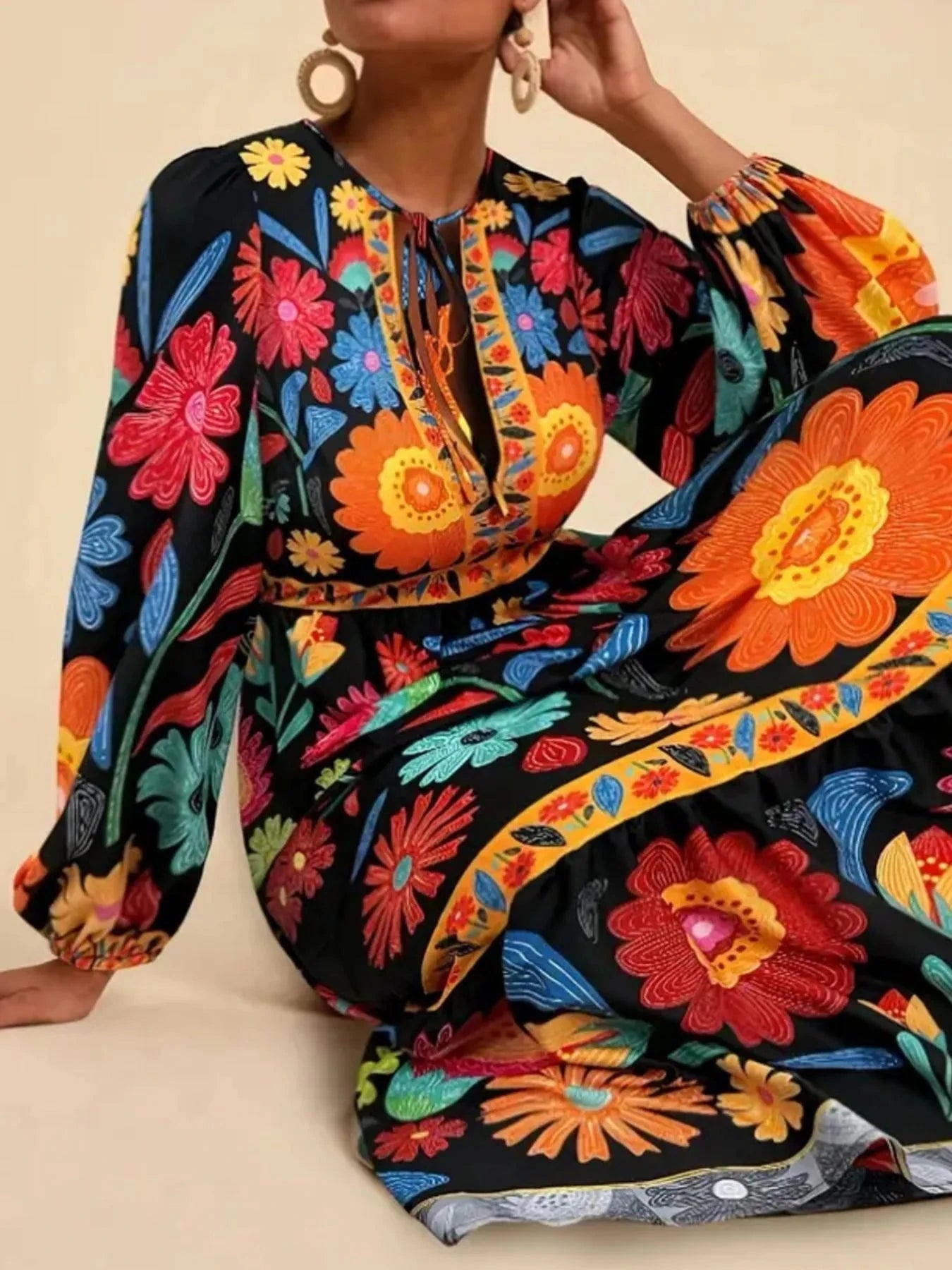 Floral Tie Waist Long Sleeve Dress