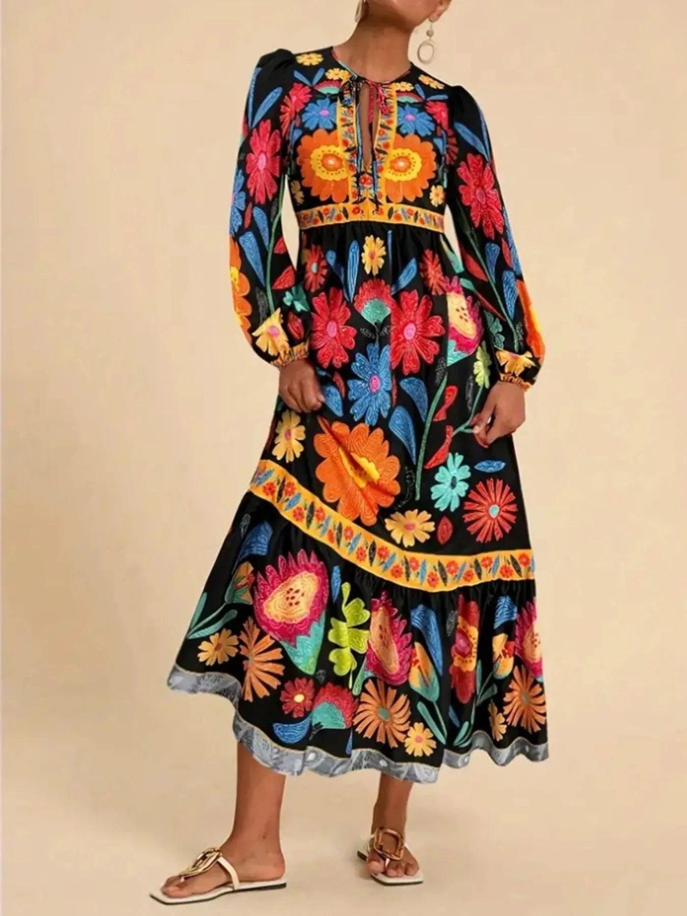 Floral Tie Waist Long Sleeve Dress