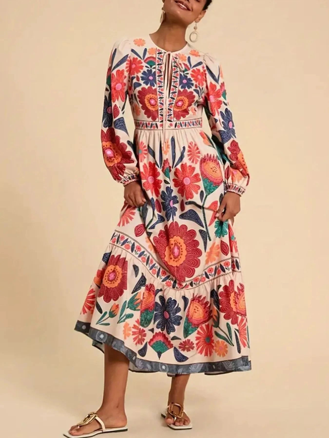 Floral Tie Waist Long Sleeve Dress