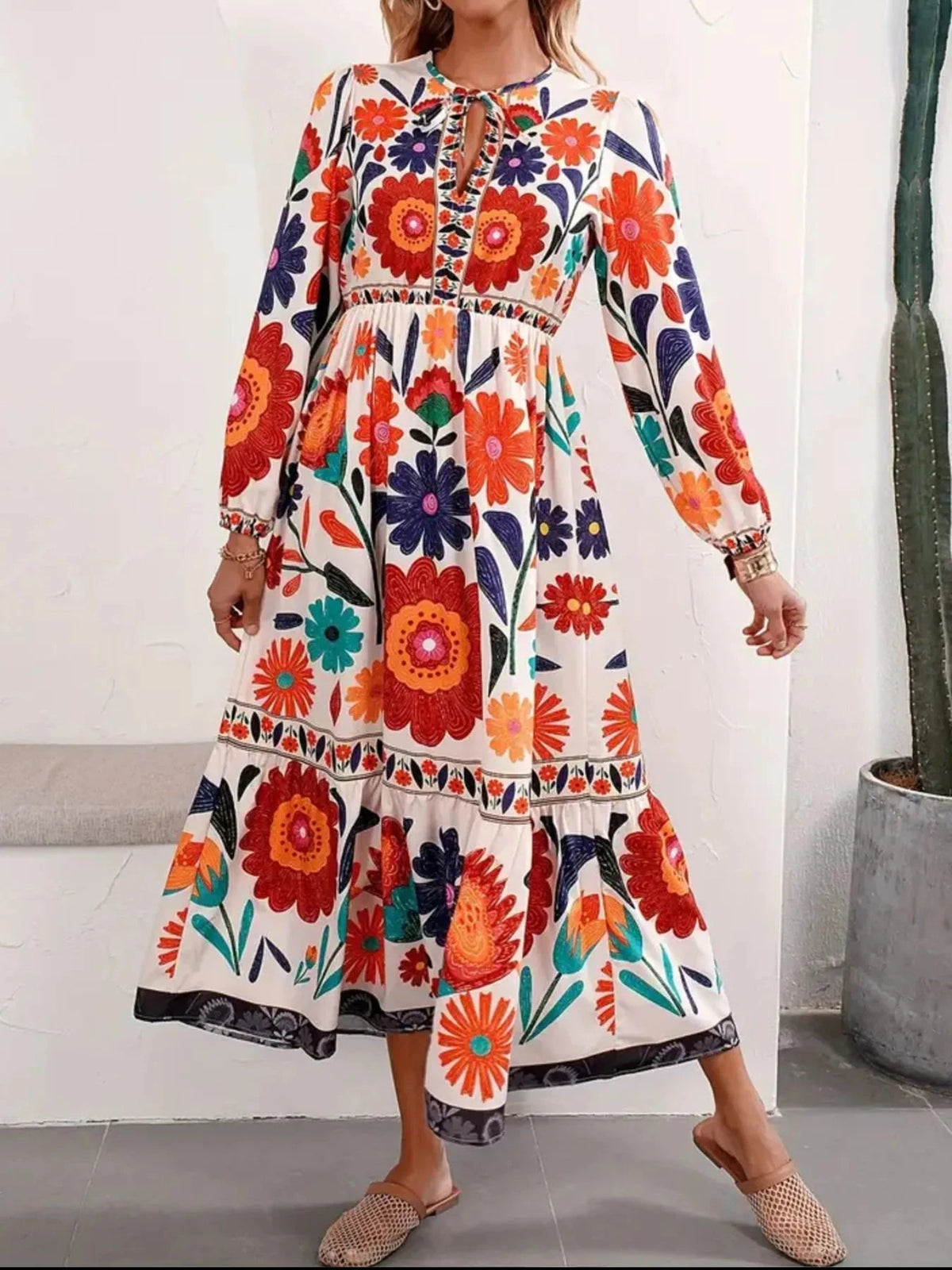 Floral Tie Waist Long Sleeve Dress Color 1 / S