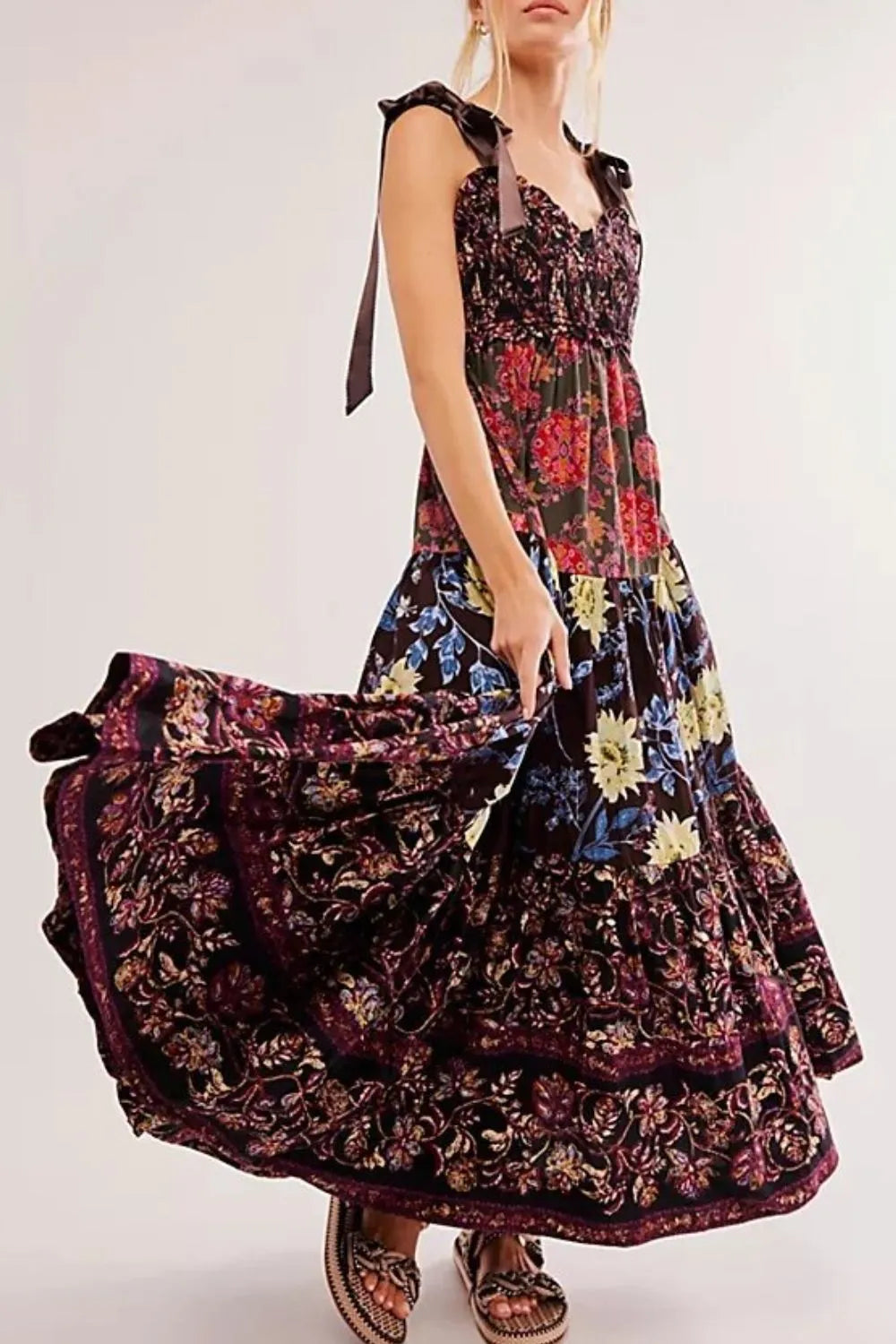Floral Tiered Maxi Dress with Mixed Print Design Black / S