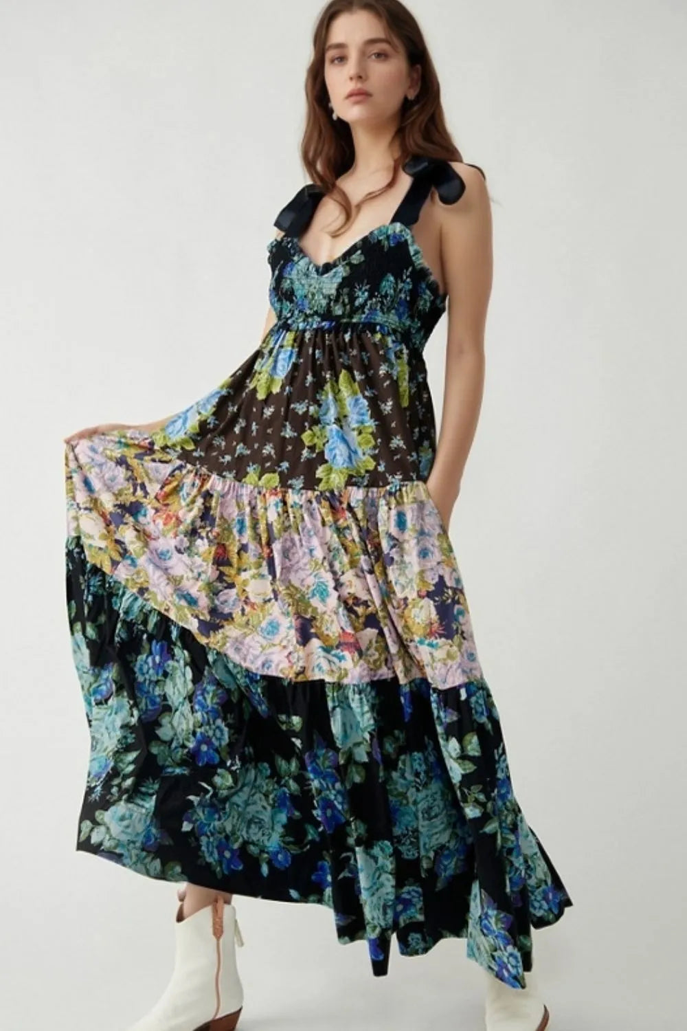 Floral Tiered Maxi Dress with Mixed Print Design Peacock  Blue / S