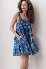 Floral Tiered Square Neck Denim Dress