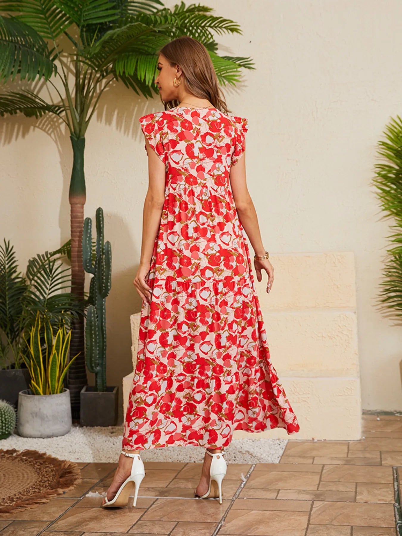 Floral V-Neck Cap Sleeve Summer Dress