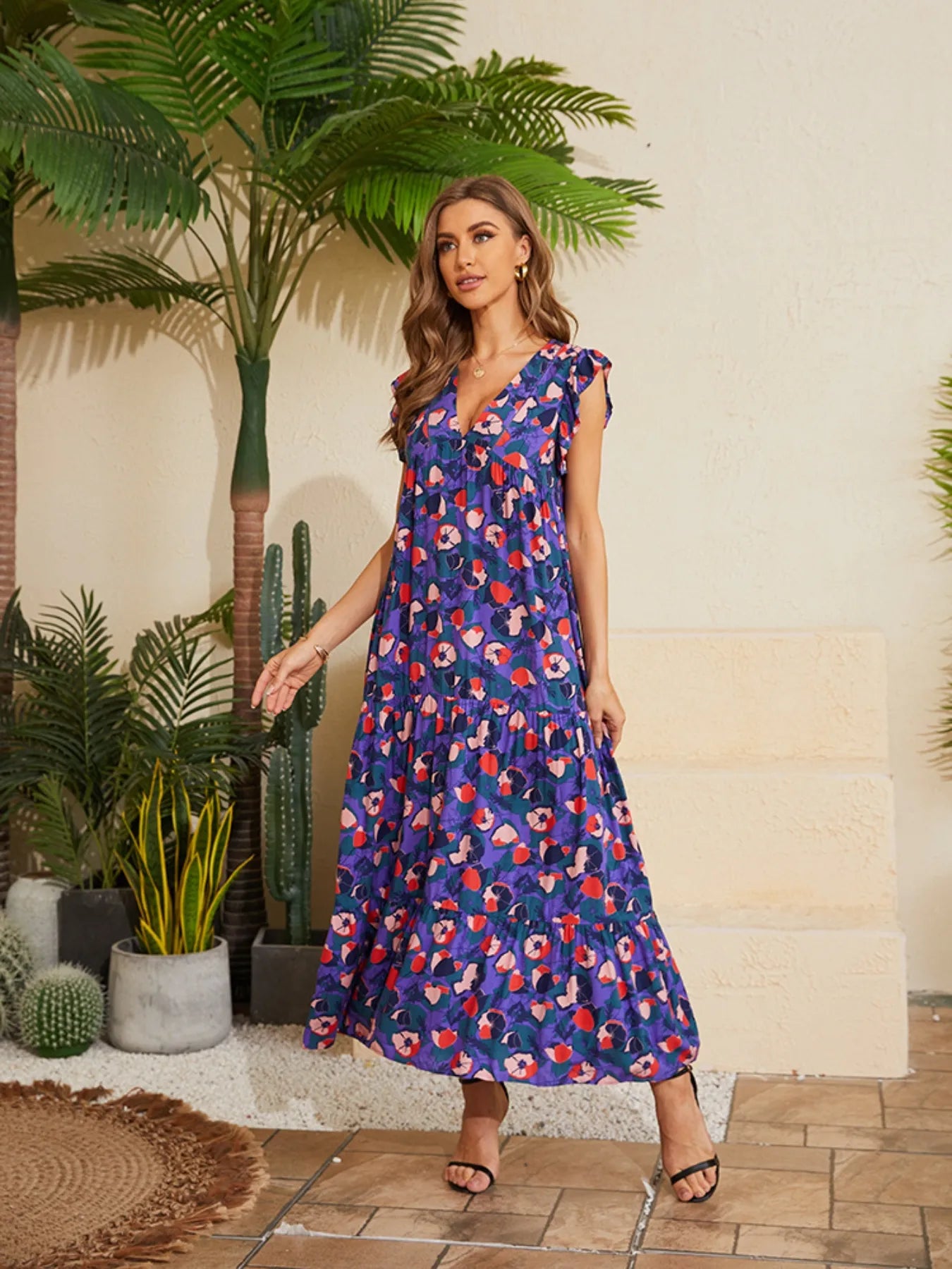 Floral V-Neck Cap Sleeve Summer Dress