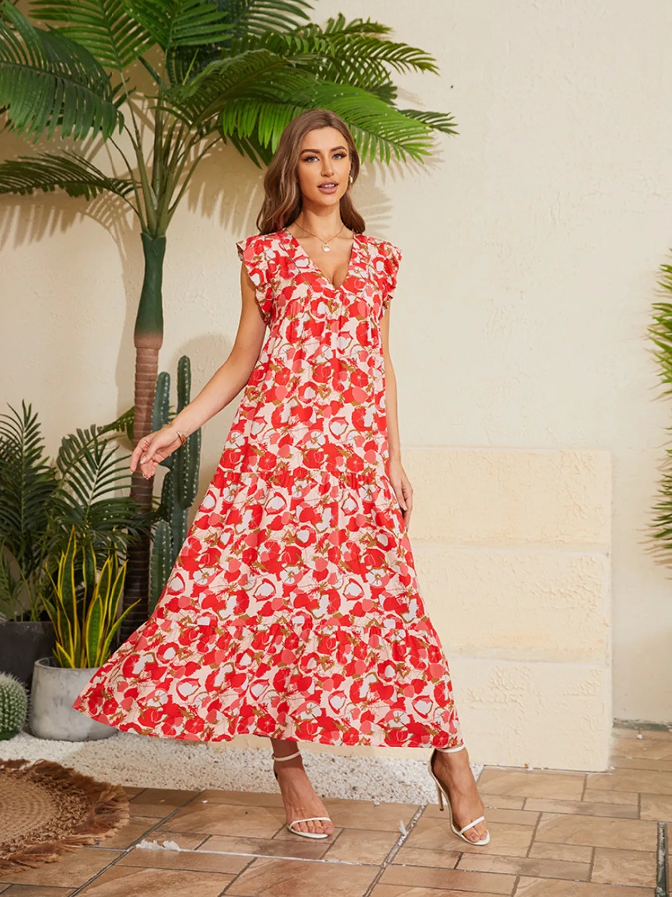 Floral V-Neck Cap Sleeve Summer Dress Red / S