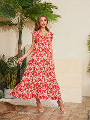 Floral V-Neck Cap Sleeve Summer Dress Red / S