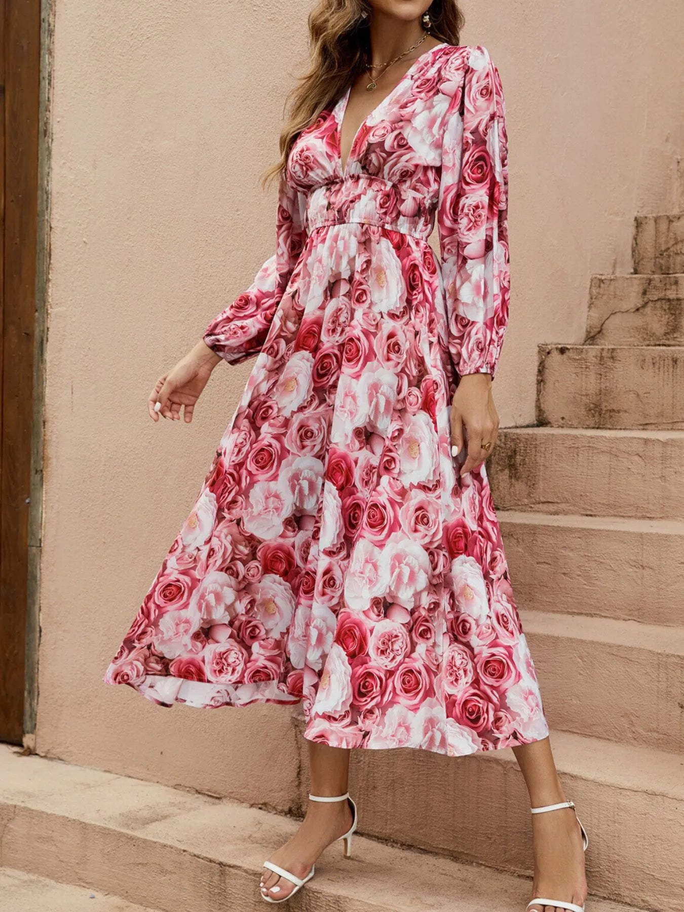 Floral V-Neck Long Sleeve Dress