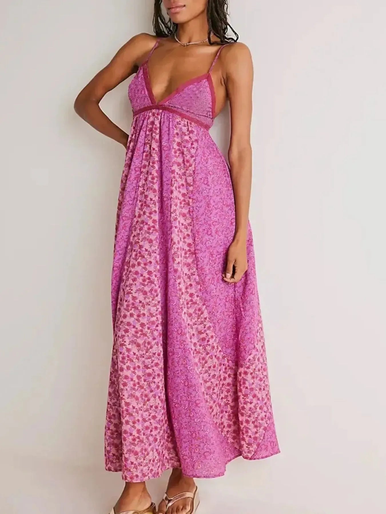 Floral V-Neck Maxi Cami Dress Rose Red / S