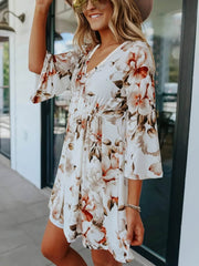 Floral V-Neck Three-Quarter Sleeve Mini Dress