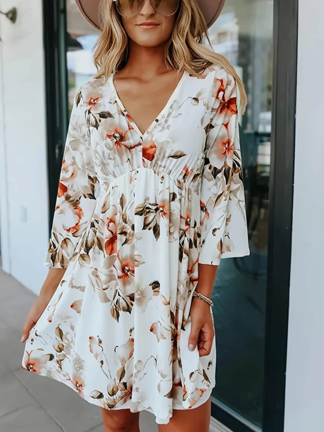Floral V-Neck Three-Quarter Sleeve Mini Dress Floral / S