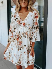 Floral V-Neck Three-Quarter Sleeve Mini Dress Floral / S