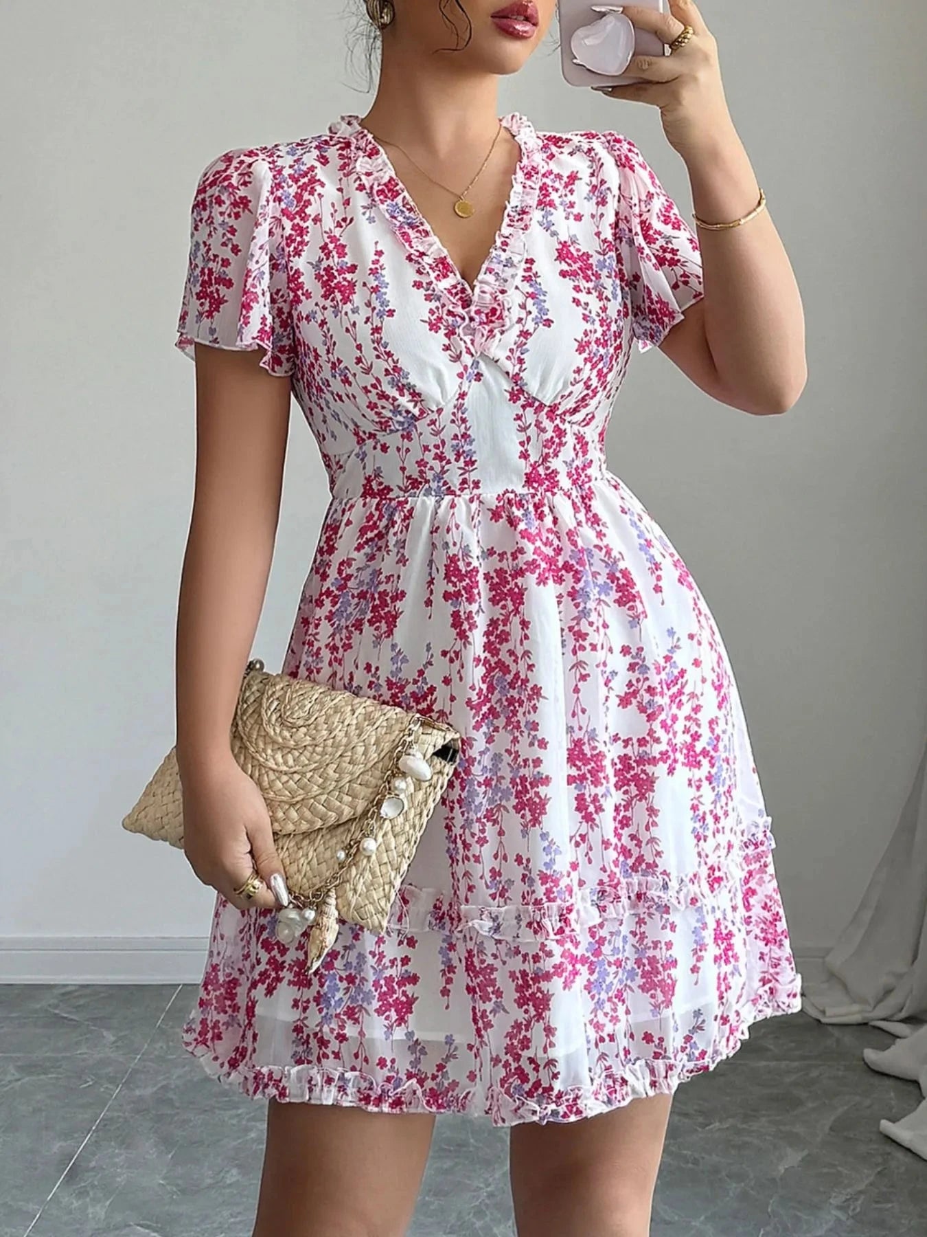 Floral Wrap Dress with Flutter Sleeves