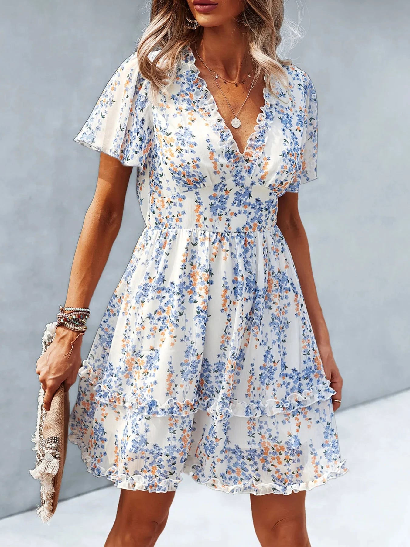 Floral Wrap Dress with Flutter Sleeves White / S