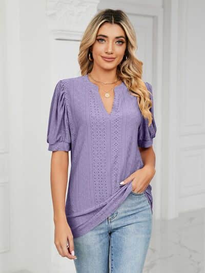 Florira Eyelet Notched Short Sleeve T-Shirt