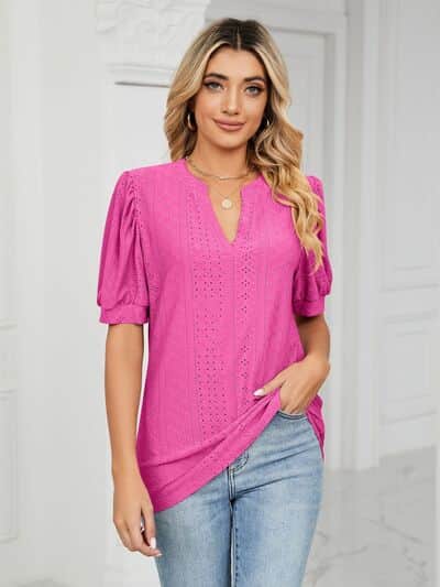 Florira Eyelet Notched Short Sleeve T-Shirt