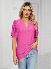 Florira Eyelet Notched Short Sleeve T-Shirt