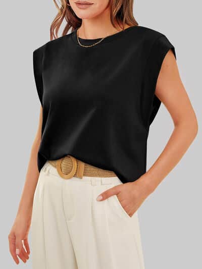 Florira Round Neck Cap Sleeve T-Shirt Black / L