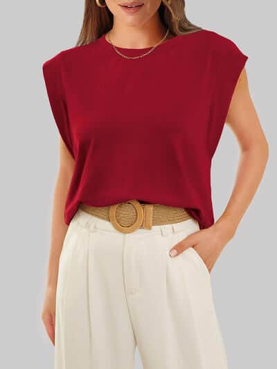 Florira Round Neck Cap Sleeve T-Shirt Burgundy / 2XL