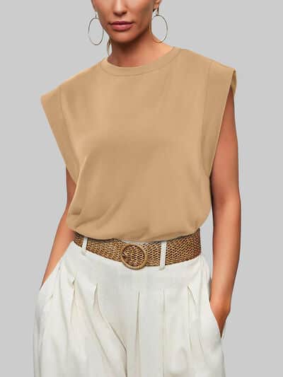 Florira Round Neck Cap Sleeve T-Shirt Khaki / S