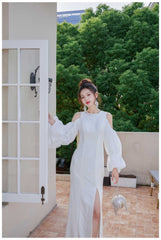 Flounce Sleeve Side-Slit Dress