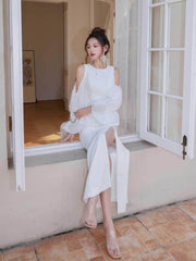 Flounce Sleeve Side-Slit Dress