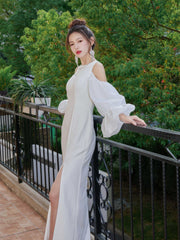 Flounce Sleeve Side-Slit Dress