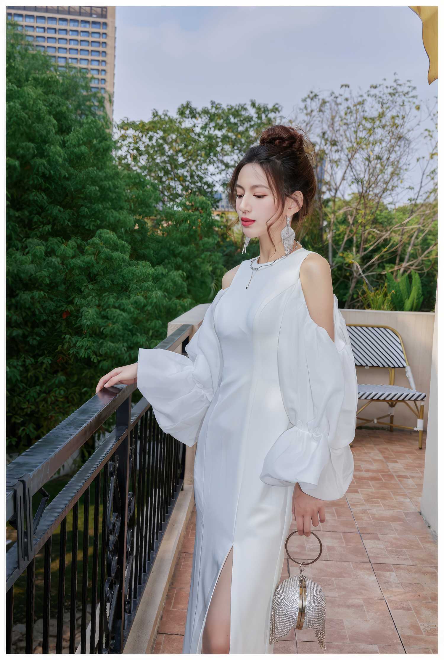 Flounce Sleeve Side-Slit Dress